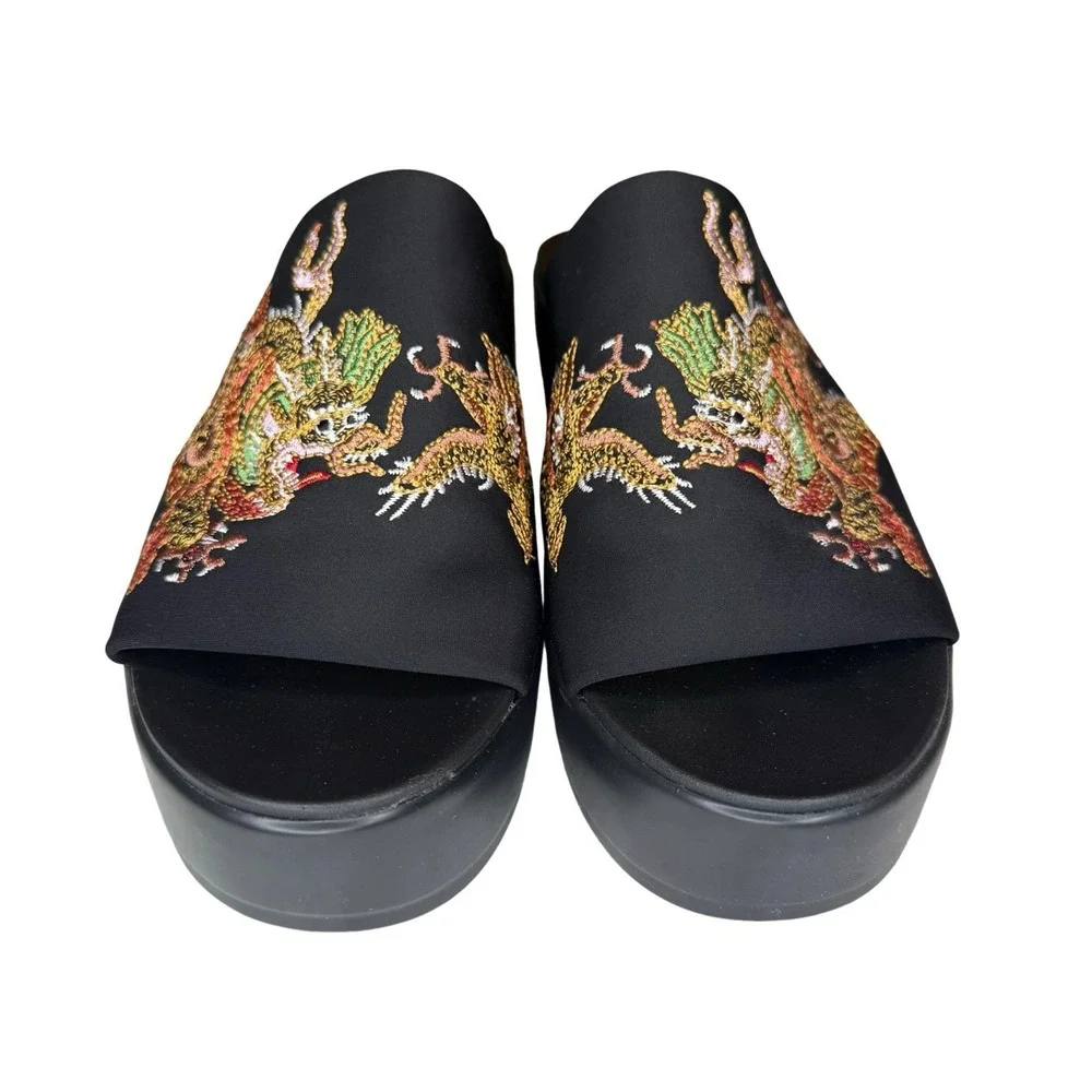 Y2K Bebe Embroidered Dragon Satin Platform Slides Sandals 2000s Rave Size 8